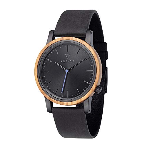 Preisvergleich Produktbild KERBHOLZ Holzuhr Masterpieces Collection Walter analoge Unisex Quarz Uhr, Naturholz Gehäuse, echtes Lederarmband, Ø 40mm, Leder Olivenholz Schwarz