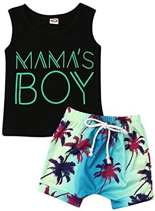 FYBITBO 2Pcs Baby Boys Summer Clothing Sets Cute Letters Print Sleeveless Tank Tops T-Shirt+Palm Shorts Outfits (Black Tank Tops+Beach Shorts, 12-18 Months)