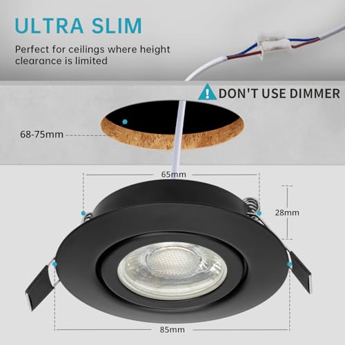 wowatt 5er 7W Einbaustrahler Schwarz 3 Stufe Dimmbar IP44 Bad Einbauspot Flach 230V Deckenspots 700LM Kaltweiß 6000K Ersetzt 70W Halogen Einbauleuchten Schwenkbar Rund 68mm LED Spots für Badezimmer