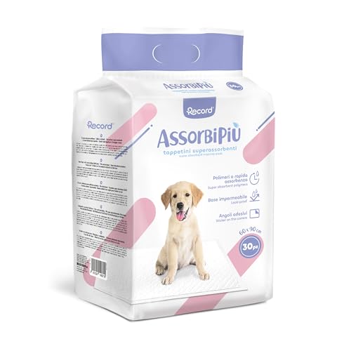 Record Assorbipiù traverse cani usa e getta per cani unisex. Extra assorbenza. Tappetini igienici per cani 60x90cm. Confezione 30 pz. Monouso, Antistrappo e Antiodore. Per Cani di taglia grande
