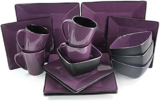 Elama Mulberry Loft Stoneware Square Dinnerware Dish Set, 16 Piece, Solid Purple