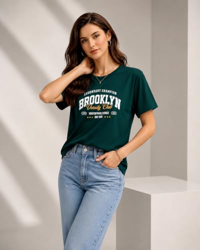Image of London Hills Women's Loose Fit Graphic Printed T-Shirt | Soft Cotton Blend Fabric | Round Neck Half Sleeve Casual Top, Travel & College