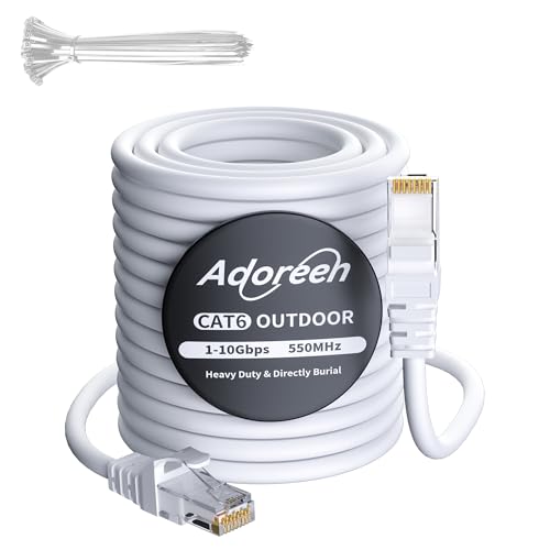 Adoreen Cat 6 Outdoor Ethernet Cable 200 Ft White, High Speed Heavy Duty Long Internet Network Cable for POE Camera Cat 5 5e RJ45 LAN Patch Cable Cord, Sturdy Waterproof Direct Burial+25 Ties