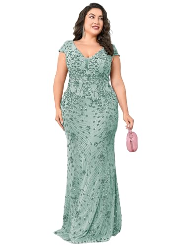 Image of Plus Size Womens Sequined Long Evening Gown Glamous Sleeveless V-Neck Mermaid Prom Dress for Wedding Party