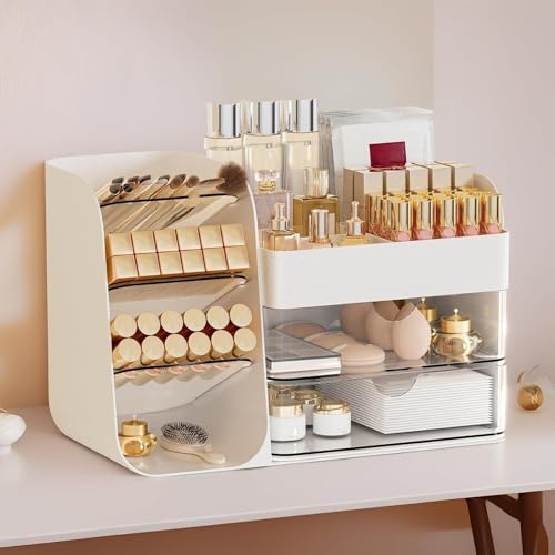 Organiseur de maquillage avec support de brosse pour coiffeuse, grand organisateur de comptoir de salle de bain en plastique, rangement facile de rouges à lèvres,...