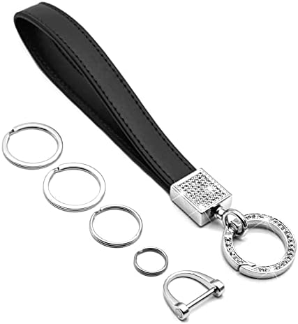 FEYOUN Bling Car Keychain for Women, Universal Genuine Leather Wristlet Strap Key FOB Holder Key Chain Carabiner Clip Accessories Parts with Sparkly Rhinestones, Anti-Lost D-Ring, 4 Key Rings - Black