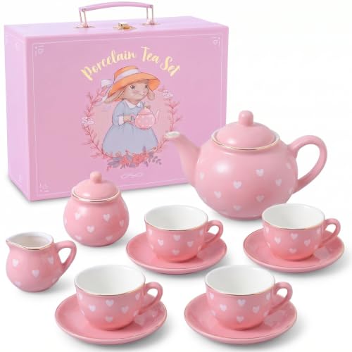Image of Giggle & Honey Pink Heart Tea Party Set for Little Girls, Porcelain Kids Tea Set with Carry Case, Teapot Cups & Saucers, Princess Pretend Play Gifts for Girls 3, 4, 5, 6, 7, 8 Years