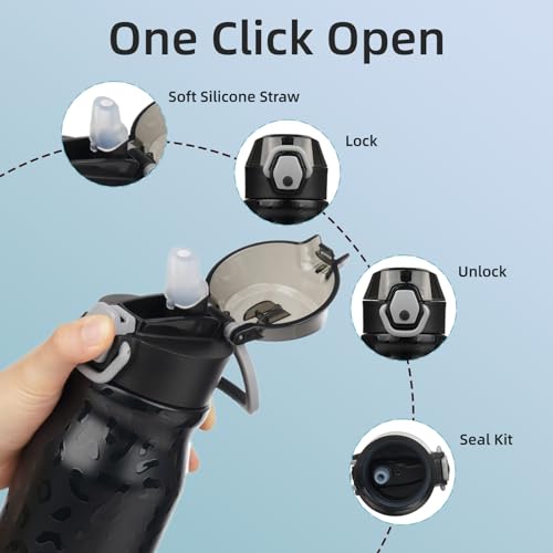 Image of BJPKPK 25 oz Insulated Water Bottle, Straw, Handle, Stainless Steel Flask | Leak Proof Locking Lid, Thermal, Double Wall Vacuum, Keeps Hot /Cold, BPA Free, Travel & Sports, Black Leopard
