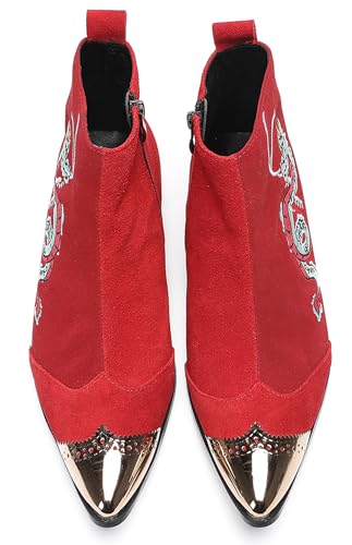 Santimon Men’s Suede Red Dress Chelsea Boots – Dragon Embroidered Pointed Toe Ankle Boots with Gold Metal Cap – Stylish Casual Cowboy Boots for Stage, Party, Festival, Clubwear3