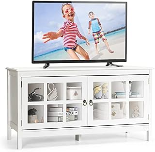 COSTWAY TV Stand for TVs up to 50'', Modern TV Cabinet Media Entertainment Center with Tempered Glass Doors and Adjustable Shelf, TV Console Unit Storage Cabinet for Living Room Bedroom (White)