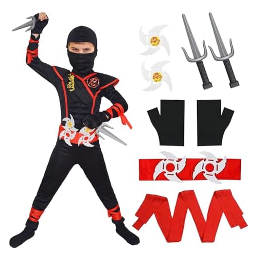 LGZIN Disfraz Ninja Niños, Juego de Cosplay de Ninja, Rojo Negro Disfraces de Ninja, Disfraz de Ninja de Halloween, Ropa ninja infantil, Juego de Disfraz Niños para Carnaval, Navidad, Halloween