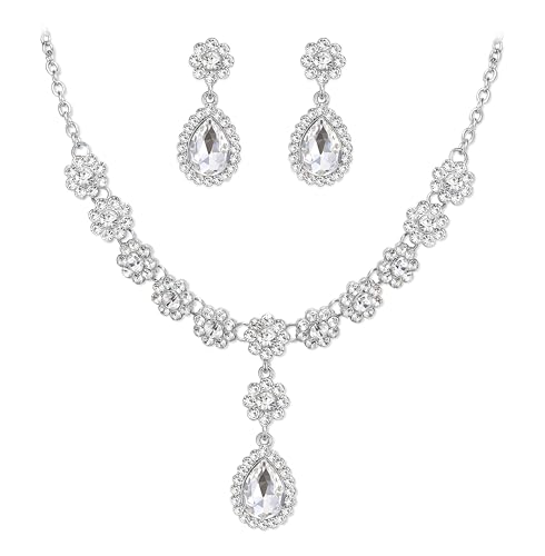 Juego de joyas de boda para mujer con collar de cristal y pulsera plateada