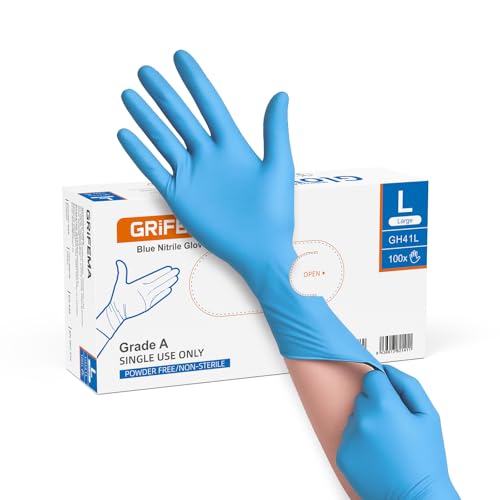 GRIFEMA Guantes de Nitrilo Azules L, Desechables resistentes, sin polvo y sin látex, Para laboratorio, alimentos, limpieza, Caja de 100