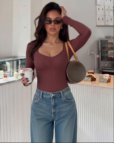 Image of SUUKSESS Women Sweetheart V Neck Long Sleeve Tops Lace Trim Ribbed Modal Fall Going Out Shirts