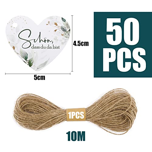 50 Stück Geschenkanhänger Hochzeit Schön dass du da bist Etiketten Herz Anhänger Eukalyptus Tags Gastgeschenke Deko Party Geschenke zum Basteln mit 10m Jute Schnur (50)