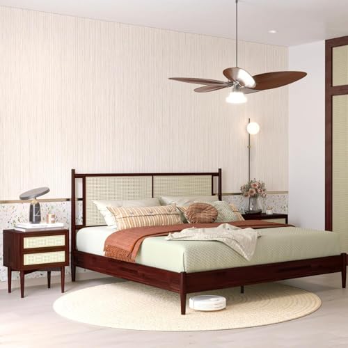 Image of Arman HANDICRAFTS King Size Wooden Bed with Rattan Cane Headboard | Solid Wood Platform Bed Frame with Slats | Mid-Century Modern Bed | No Box Spring Required | Easy Assembly | Brown Finish