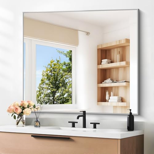 Image of DESBING 36 inch x 40 inchBathroom Mirror, Silver Rectangle Corner Wall Mirror with Metal Frame, Decorative Rectangular Vanity Mirror for Bedroom Bathroom Living Room Entryway (Horizontal /Vertical)