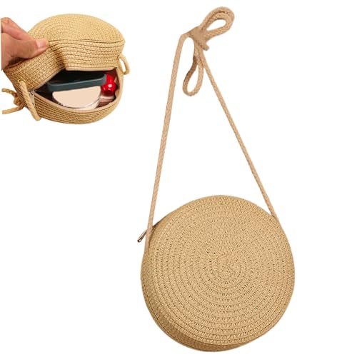 Straw Bag for Women Round 6.5in Woven Bag Single Shoulder Casual Woven Purse Zippered Solid Color Portable Lady3