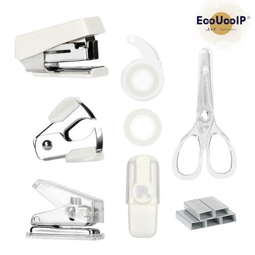 EooUooIP Practical and Beautiful Office Supplies White Handbook Tool Box,Stapler Tape Staples Hole Puncher Paper Scissor for Efficient Work and Stylish Gifting. - Thumbnail 2