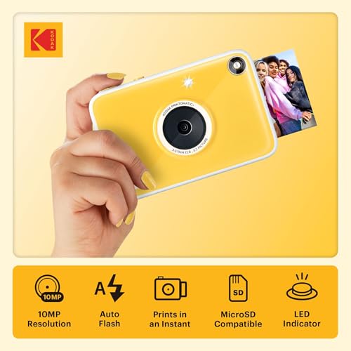Image of Kodak Printomatic+ Instant Print Digital Camera Starter Bundle + Carrying Case + Zink 20pk Sticky-Back Photo Paper - 10MP, Full-Color Photos, GB LED Status Indicator - Yellow