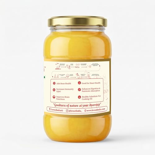 Image of Love of India A2 Ghee 1 Litre | Gir Cow Bilona Ghee | Traditional Curd-Churned A2 Milk | Pure Desi Ghee for Cooking, Tadka, Sweets & Puja