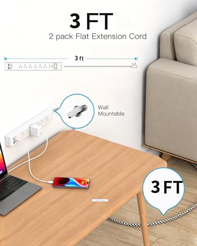 Image of 2 Pack Power Strip, Extension Cord 3FT, Surge Protector with 6 Outlets and 4 USB Ports (2 USB C), Flat Plug Overload Protection, Extension Cord with Multiple Outlets, Wall Mount for Home Dorm College