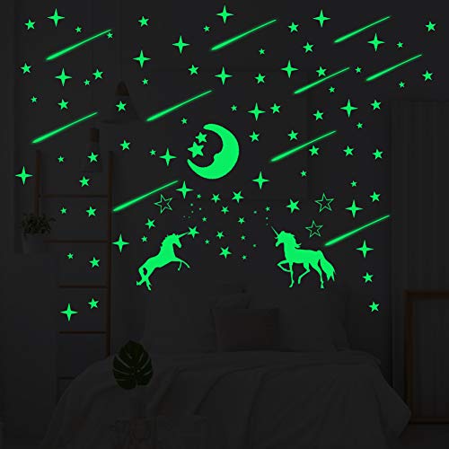 Estrellas Fuorescentes Moon and unicornio fluorescente, DIY Luminous Wall Sticker Autoadhesivo Glow Sticker para habitación de niños y decoración del hogar (245 piezas)