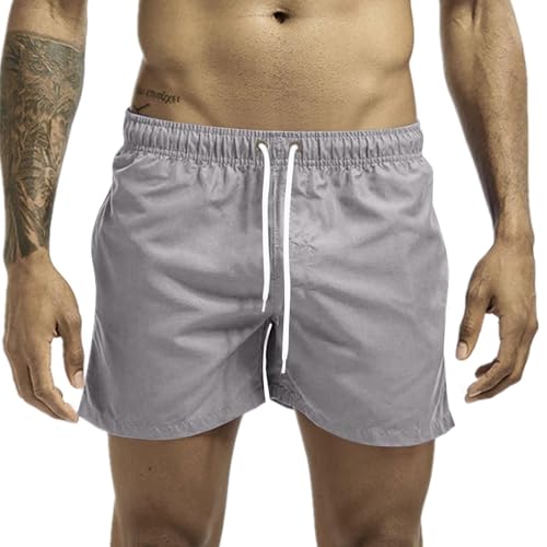 Sinzelimin Men's Swim Trunks Fashion Quick-Drying Solid Lace up Elastic Waist Beach Casual Board Shorts Knee Length Sweatpant