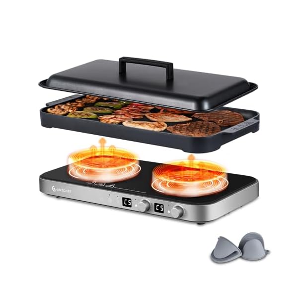 AMZCHEF Double Induction Cooktop with Removable Iron Cast Griddle Pan Non-stick, 1800W 2 burner Portable Induction Stove With Sensor Touch 9 Power Levels, 99 Min Timer, Iron Grey