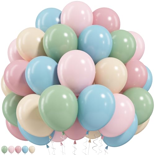 Image of Pink Blue Green Balloons, Boho Baby Shower Wildflower Floral Party Balloons | Dusty Green Pale Pink Beige Balloons, Dusty Blue Blush Sand White Balloons for Baby In Bloom Garden Tea Birthday Party Decor