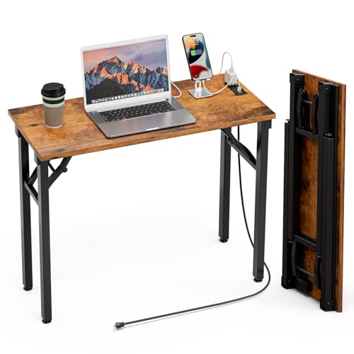 Image of TEMI Small Computer Desk Folding Table - No Assembly, Compact 35.8 inch Foldable Desk with Power Outlets & USB Charging Port, Portable Small Office Desk, Ideal Mini Study Table for Narrow Spaces, Brown