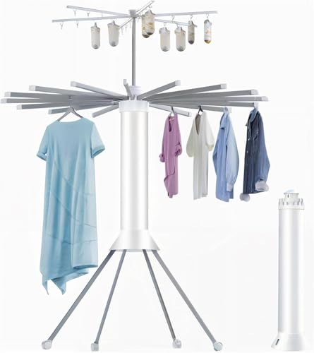 WUDLEP Cylinder Clothes Drying Rack, Foldable Laundry Drying Stand Space Saving, Octopus Clothing Hanger 16 Dry Rods, Portable Compact Camping Drying Rack Indoor & Outdoor (112D x 112W x 170H CM)