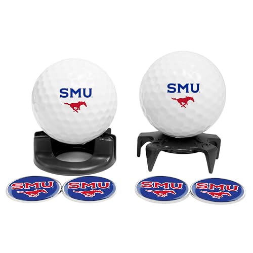 LinksWalker DisplayNest SMU Mustangs Golfers Gift Pack, 2-in-1 Display Stand 2 Team Golf Balls with 4 Ball Markers