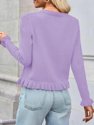 Image of Saodimallsu Womens Ruffle Cardigan Sweaters Button Up Crew Neck Long Sleeve Cropped Sweater Cute Soft Knit Tops