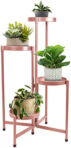 HOEGMST 4 Tier Plant Stand Indoor Outdoor, 31 Inch Tall Metal Plant Shelf Waterproof, Plant Holder with Folding Design For Home, Living Room, RoseGold