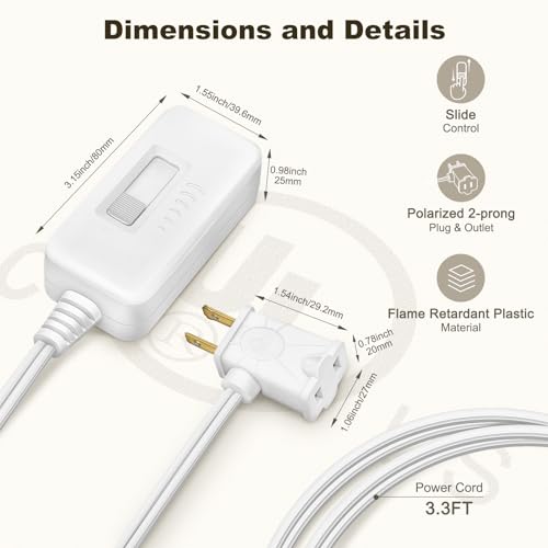 DiCUNO Table-Top Plug in Lamp Dimmer Switch for Table/Floor Lamps, UL Listed, Slide Control, Works with 100 Watt Dimmable LED/CFL and 300 Watt Incandescent/Halogen,3.3ft Cord, White, 1-Pack by DiCUNO - Used condition - Image 2