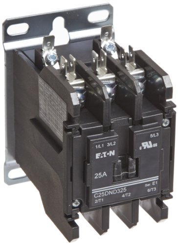 Eaton C25DND325A Definite Purpose Contactor, 50mm, 3 Poles, Screw/Pressure Plate, Quick Connect Side By Side Terminals, 25A Current Rating, 2 Max HP Single Phase at 115V, 7.5 Max HP Three Phase at 230V, 10 Max HP Three Phase at 480V, 120VAC Coil Voltage