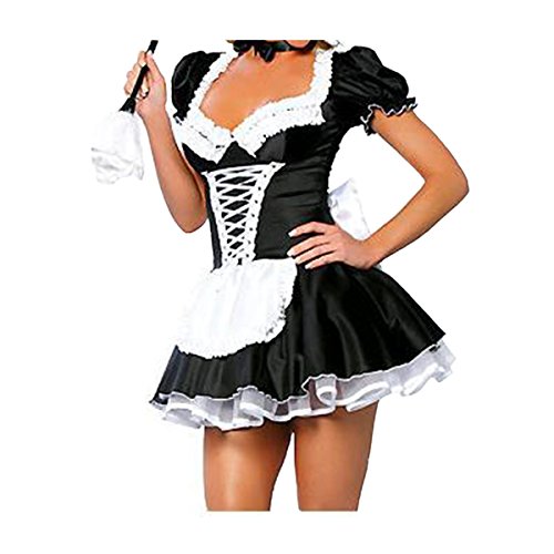Ciel Infini Women's French Maid Costume Sexy Satin Layered Halloween Fancy Dress,Black,Tag XL=US M