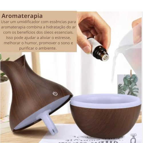 Umidificador Madeira Ultrassônico Difusor Aromaterapia Aromatizador Purificador USB Led Design Elega