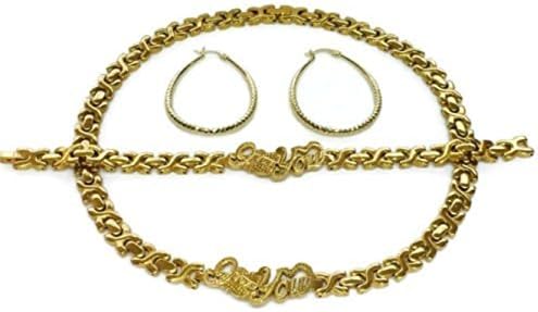 Womens 14K Gold Tone Hugs & Kisses I LOVE YOU Necklace Bracelet Set Stainless Steel With Hoop Earrings 18"