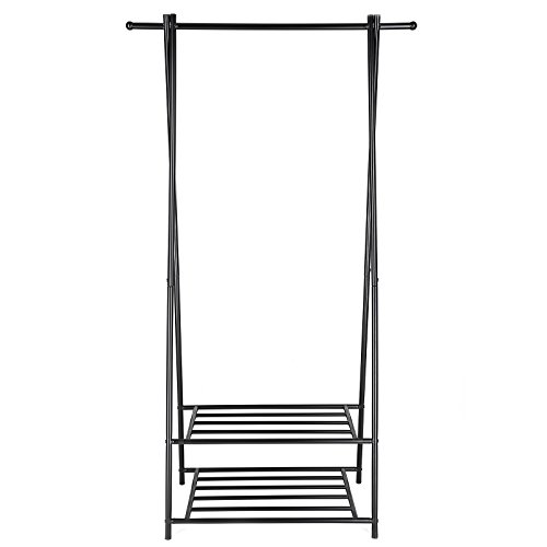 SONGMICS Kleiderständer, Garderobenständer, Garderobe, 2 Ablagen für Schuhe und Boxen, Metallgestell, platzsparend, ideal für Schlafzimmer, Flur und Büro, schwarz HSR05B