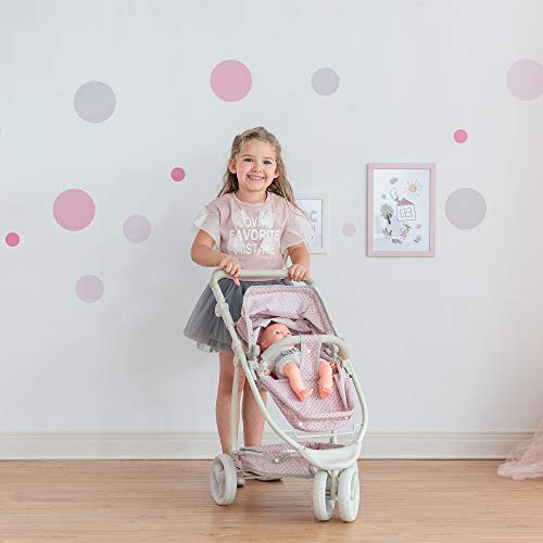 Olivia's Little World Baby Doll Stroller Polka Dots Princess Collection, Convertible Doll Pram With Storage Basket For 18" Dolls, 2-In-1 Baby Doll Stroller, Pink & Gray #TOP2