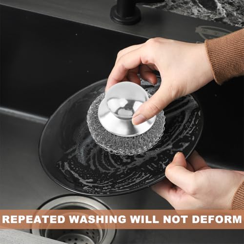 Image of 2pcs Steel Wool Scrubber with 2pcs Replacement Wire Pads Set, Metal Scrubber Pot Scrubbers Scouring Brush, Kitchen Cleaning Supplies for Dishes Stoves Barbecue Grills Wash Sink (Silver)