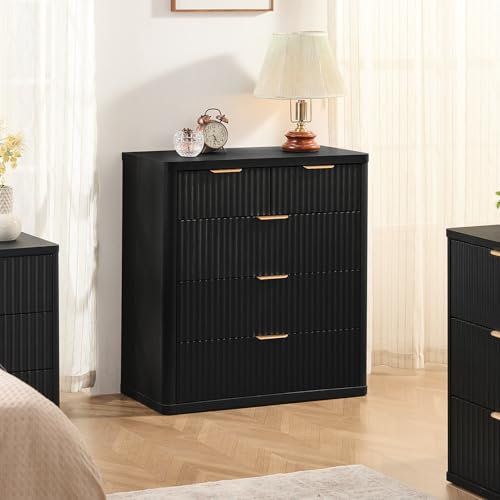 Image of LEYAOYAO Fluted 5 Drawers Dresser for Bedroom Set of 2, 34 inch Tall Modern Chest of Drawers with Metal Handle, Curved Profile Design,Black Wood Drawer Organizer for Bedroom, Living Room, Hallway