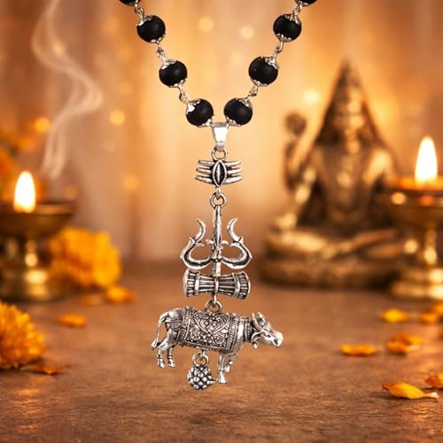 Image of Karungali Malai 8mm Certified with Divine Trishool Nandi Pendant Silver Plated Original | 54 Beads Authentic Black Ebony Wood Mala with German Silver Cap for Men & Women | Spiritual Protection, Energy Balance & Daily Pooja Wear - 1 Piece