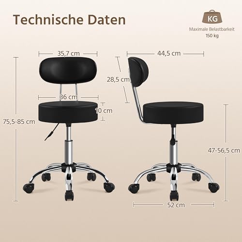 Yaheetech Rollhocker Arbeitshocker mit Rückenlehne Höhenverstellbarer 75.5-85cm,Drehhocker mit Rollen,Abnehmbare Rückenlehne,10 cm Dicke Polsterung,Schwarz