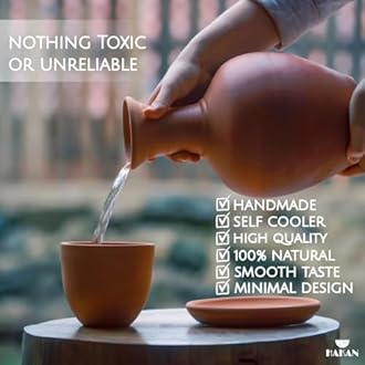 Terracotta Mud Jugs with Mug and Platter, Earthen Water Carafe Set, Pottery Jar for Drinking Water, 76 oz