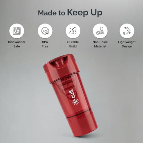 Image of CULT Gym Shaker Pro 500ml - Cyclone Blender Shaker Bottle for Protein Shake | 100% Leakproof Workout Water Sipper for Men & Women | Durable Fitness Supplement Bottle (Red)