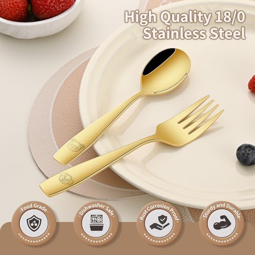 Image of DEHOV Gold Toddler Eating Utensils Set,Set Of 12 Food Grade Stainless Steel Silverware Sets For Kids,Dishwasher Safe Children Small Metal Spoons And Forks Flatware Sets