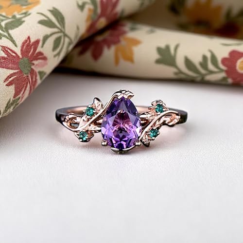 Amethyst ring vintage pear Amethyst engagement ring 14k rose gold twig leaf emerald bridal wedding ring women February birthstone ring gift3